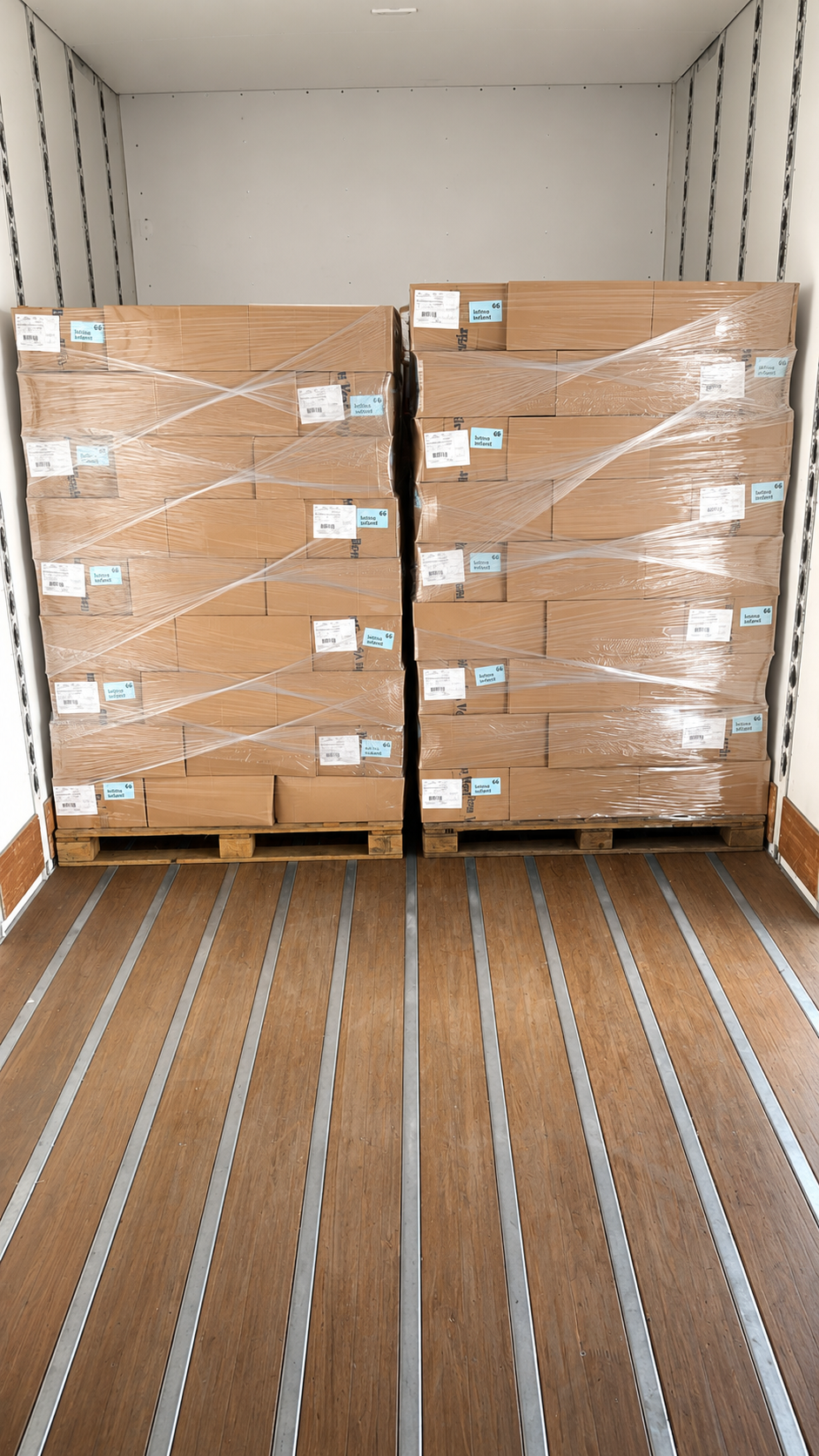 Pallets organizados e amarrados dentro de baú da JRP Transportes